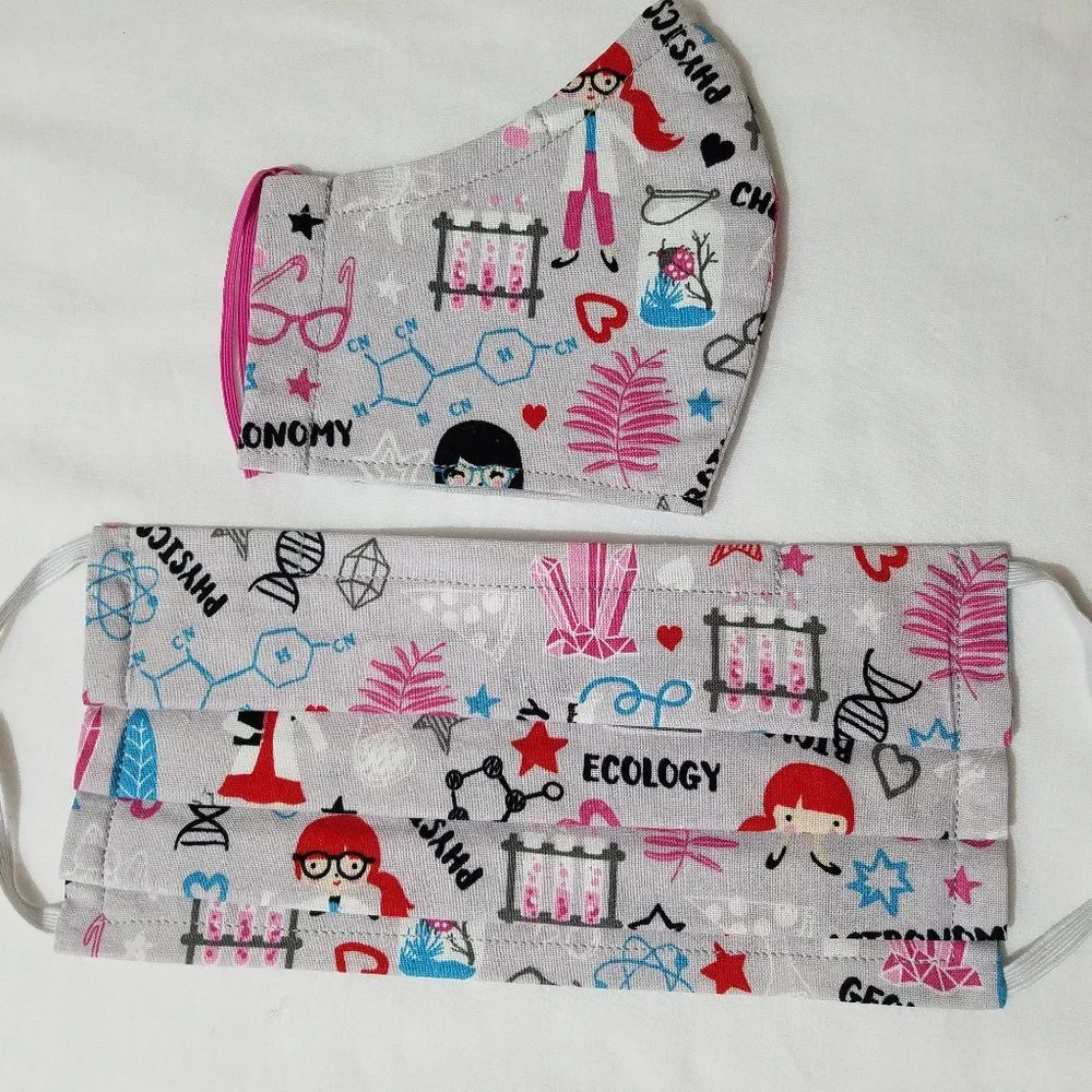 Hand Crafted Bundle of 2 Face Masks Adult and Kids Science Gray Pink